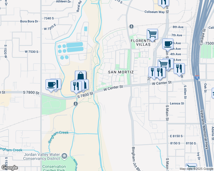 map of restaurants, bars, coffee shops, grocery stores, and more near 1022 Rooftop Drive in Midvale