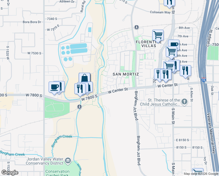 map of restaurants, bars, coffee shops, grocery stores, and more near 1022 Rooftop Drive in Midvale