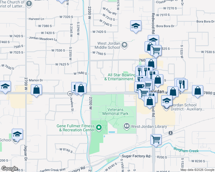 map of restaurants, bars, coffee shops, grocery stores, and more near 2019 West 7705 South in West Jordan