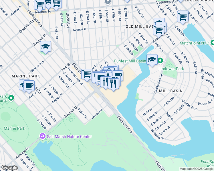 map of restaurants, bars, coffee shops, grocery stores, and more near 2072 East 53rd Place in Brooklyn