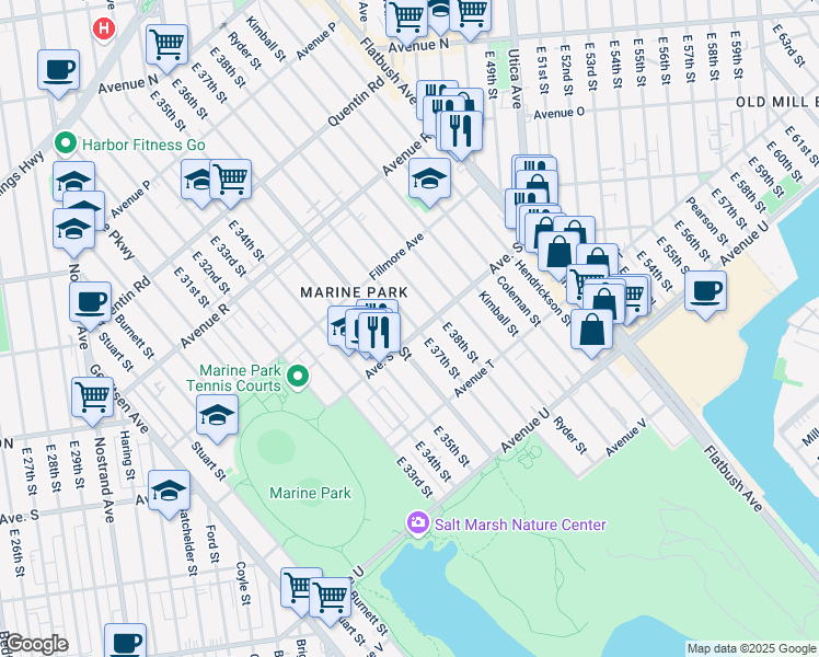 map of restaurants, bars, coffee shops, grocery stores, and more near 1966 East 38th Street in Brooklyn