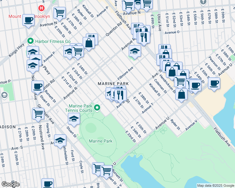 map of restaurants, bars, coffee shops, grocery stores, and more near 1932 East 37th Street in Brooklyn