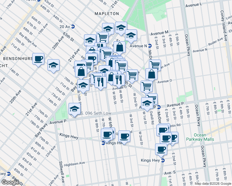 map of restaurants, bars, coffee shops, grocery stores, and more near 175 Avenue O in Brooklyn