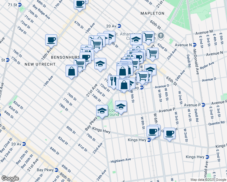 map of restaurants, bars, coffee shops, grocery stores, and more near 2150 71st Street in Brooklyn