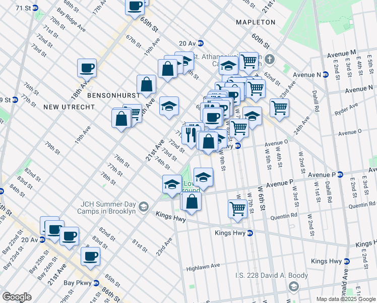 map of restaurants, bars, coffee shops, grocery stores, and more near 2150 71st Street in Brooklyn