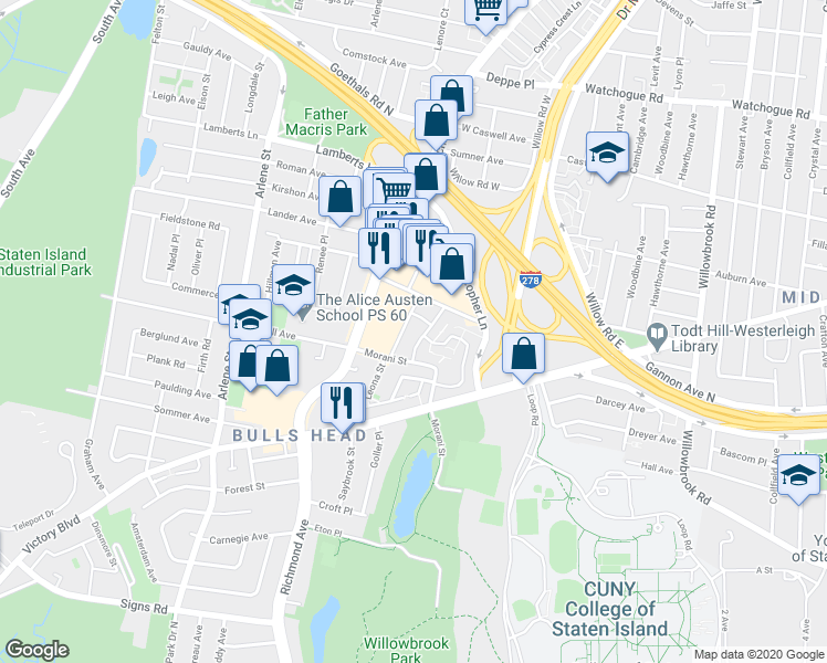 map of restaurants, bars, coffee shops, grocery stores, and more near 54B Jennifer Place in Staten Island