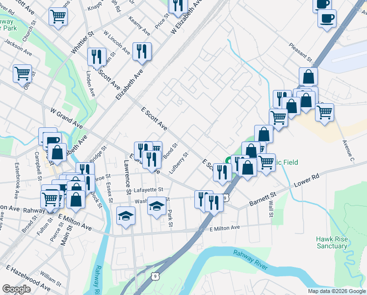 map of restaurants, bars, coffee shops, grocery stores, and more near 2067 Bond Street in Rahway