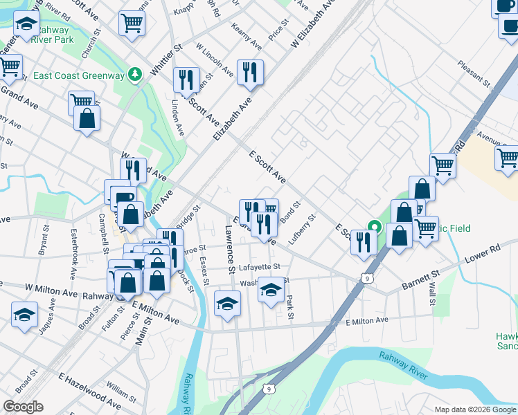 map of restaurants, bars, coffee shops, grocery stores, and more near 1948 Montgomery Street in Rahway
