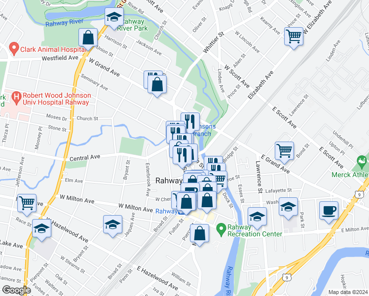 map of restaurants, bars, coffee shops, grocery stores, and more near 213 West Main Street in Rahway