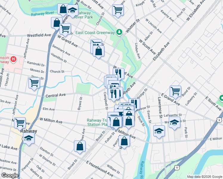 map of restaurants, bars, coffee shops, grocery stores, and more near 213 West Main Street in Rahway