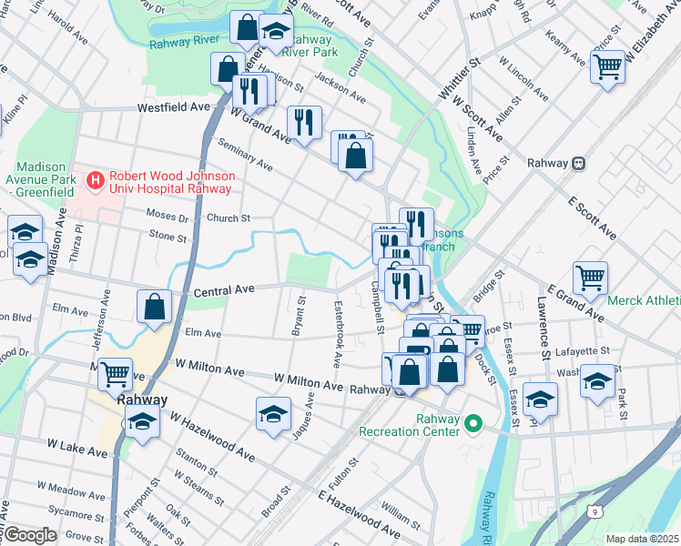 map of restaurants, bars, coffee shops, grocery stores, and more near 1516 Esterbrook Avenue in Rahway