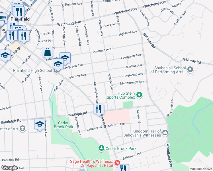 map of restaurants, bars, coffee shops, grocery stores, and more near 1092 Hillside Avenue in Plainfield