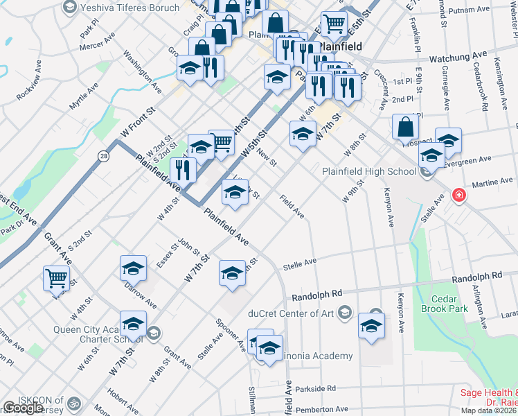 map of restaurants, bars, coffee shops, grocery stores, and more near 452 West 7th Street in Plainfield