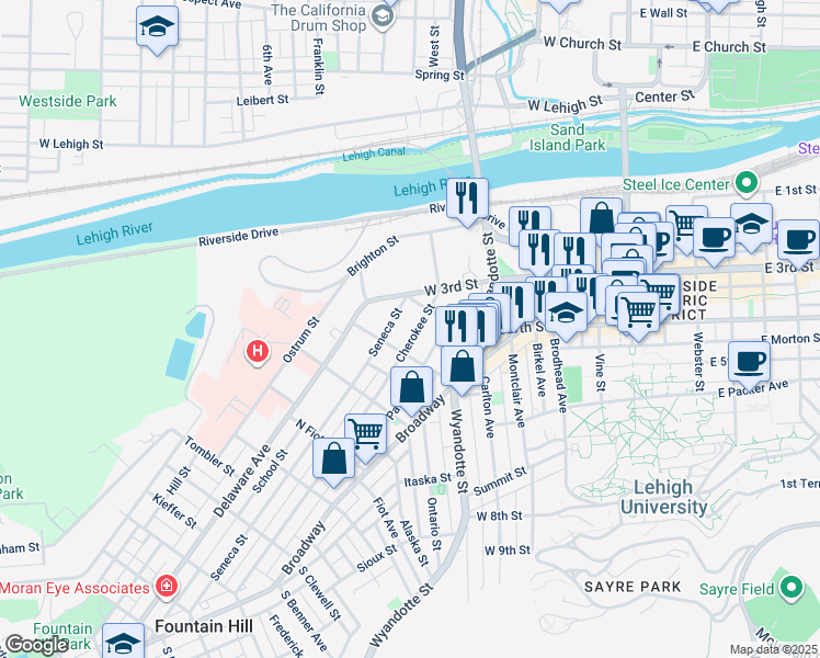 map of restaurants, bars, coffee shops, grocery stores, and more near 404 Seneca Street in Bethlehem
