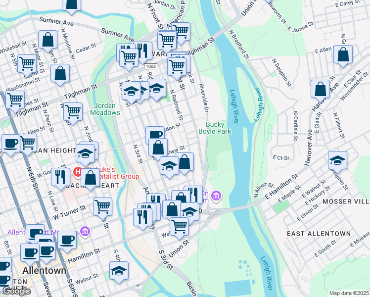 map of restaurants, bars, coffee shops, grocery stores, and more near in Allentown