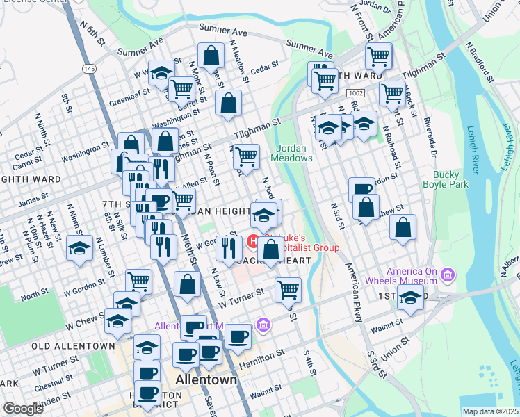 map of restaurants, bars, coffee shops, grocery stores, and more near 398 Liberty Street in Allentown