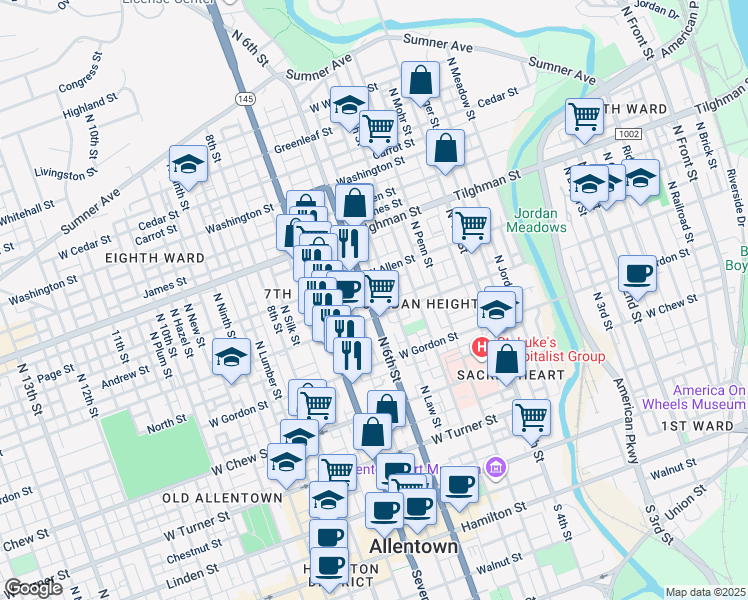 map of restaurants, bars, coffee shops, grocery stores, and more near 537 North Law Street in Allentown