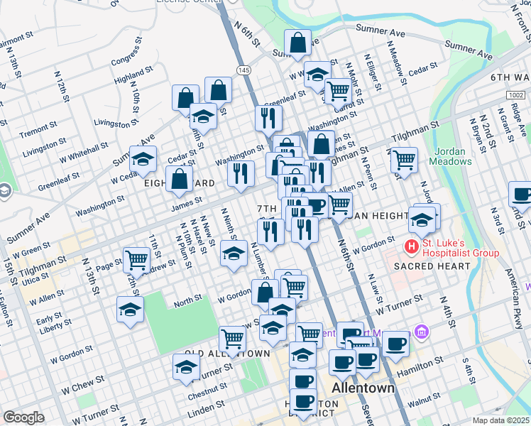 map of restaurants, bars, coffee shops, grocery stores, and more near 630 North 7th Street in Allentown