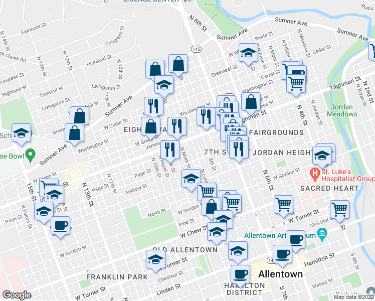 map of restaurants, bars, coffee shops, grocery stores, and more near 845 Tilghman Street in Allentown