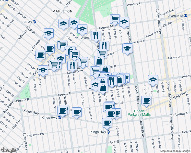 map of restaurants, bars, coffee shops, grocery stores, and more near 1712 McDonald Avenue in Brooklyn