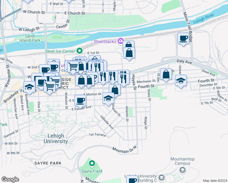 map of restaurants, bars, coffee shops, grocery stores, and more near 415 Buchanan Street in Bethlehem