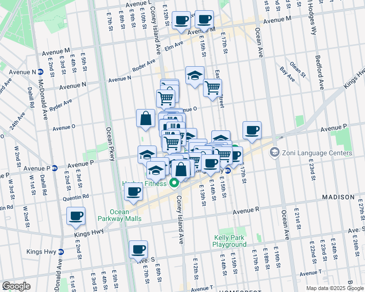 map of restaurants, bars, coffee shops, grocery stores, and more near 1568 East 12th Street in Brooklyn