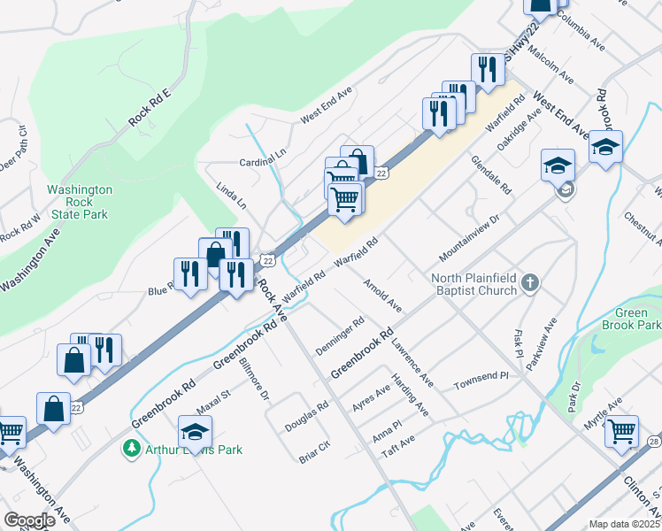 map of restaurants, bars, coffee shops, grocery stores, and more near 668 Warfield Road in North Plainfield