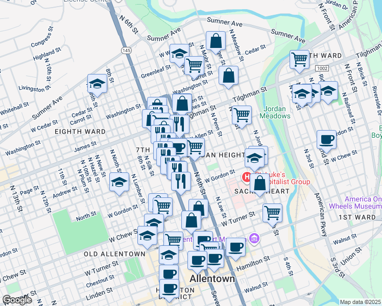 map of restaurants, bars, coffee shops, grocery stores, and more near 519 North 6th Street in Allentown