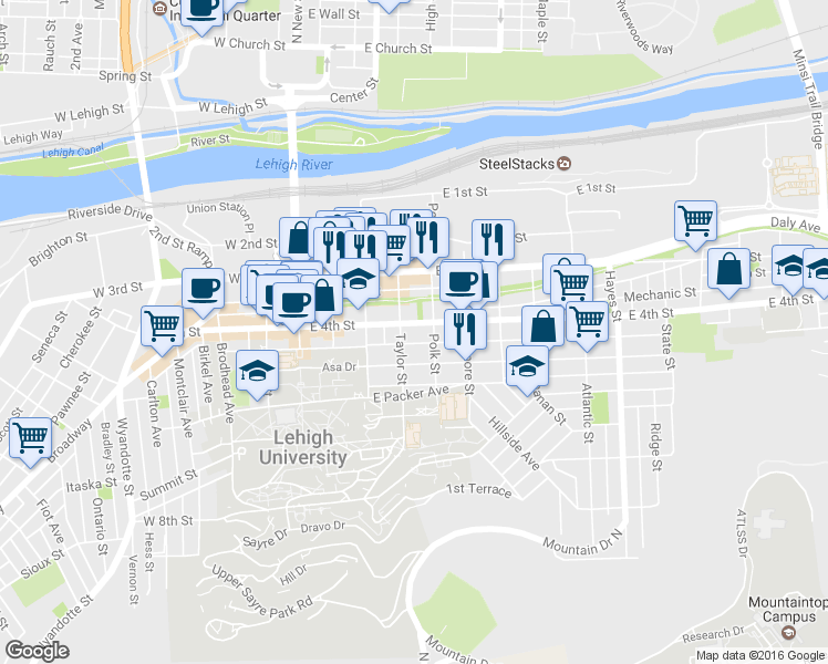 map of restaurants, bars, coffee shops, grocery stores, and more near 312 East 4th Street in Bethlehem