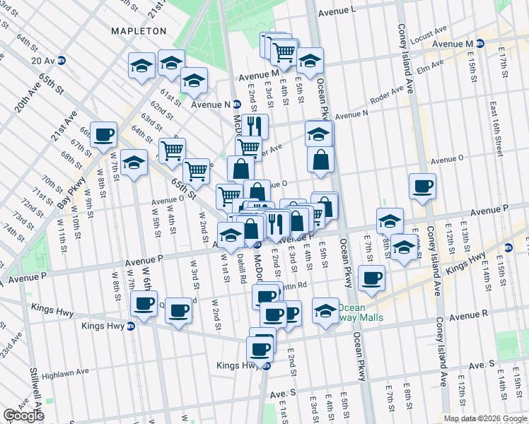 map of restaurants, bars, coffee shops, grocery stores, and more near 1612 East 2nd Street in Brooklyn