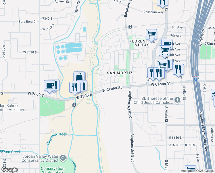 map of restaurants, bars, coffee shops, grocery stores, and more near 1059 West Rooftop Drive in Midvale