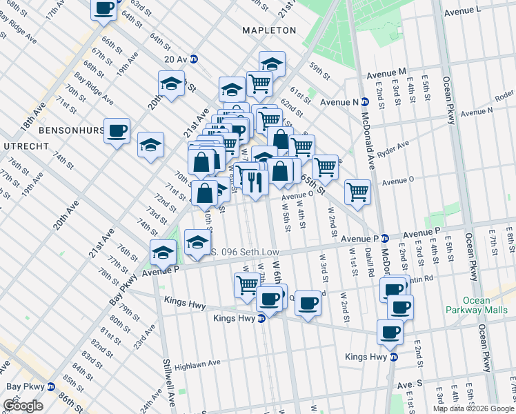 map of restaurants, bars, coffee shops, grocery stores, and more near 1408 West 7th Street in Brooklyn