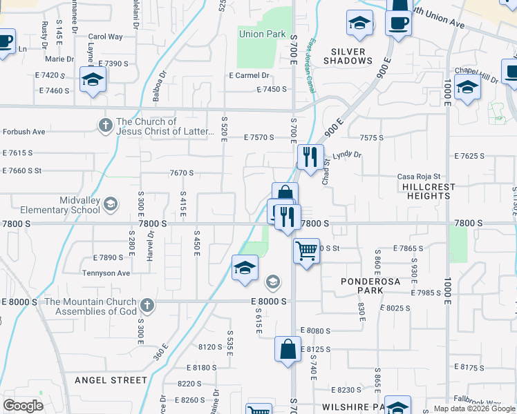 map of restaurants, bars, coffee shops, grocery stores, and more near 7731 Briarsprings Drive in Midvale