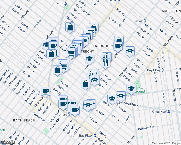 map of restaurants, bars, coffee shops, grocery stores, and more near 1934 77th Street in Brooklyn