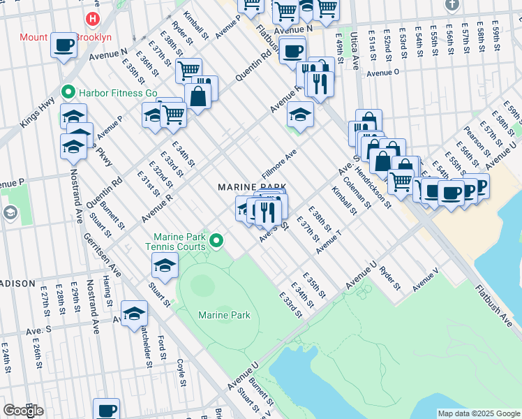 map of restaurants, bars, coffee shops, grocery stores, and more near 1940 East 36th Street in Brooklyn