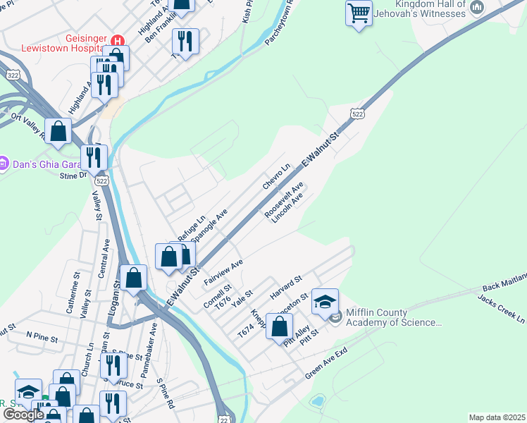 map of restaurants, bars, coffee shops, grocery stores, and more near 701 Roosevelt Avenue in Lewistown