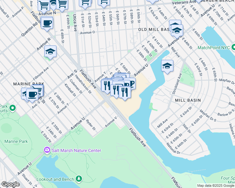 map of restaurants, bars, coffee shops, grocery stores, and more near 5100 Kings Plaza in Brooklyn
