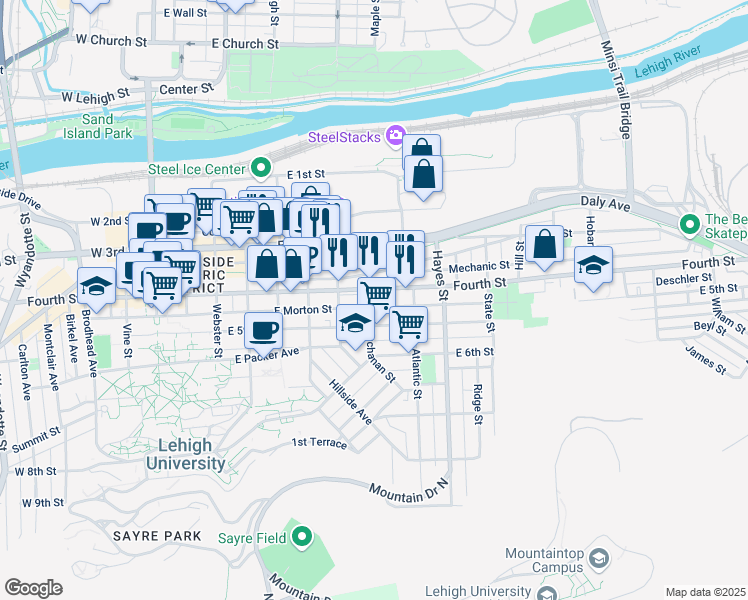 map of restaurants, bars, coffee shops, grocery stores, and more near 413 Buchanan Street in Bethlehem