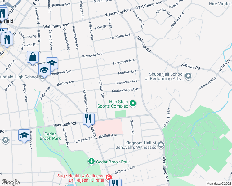 map of restaurants, bars, coffee shops, grocery stores, and more near 1348-52 Chetwynd Avenue in Plainfield