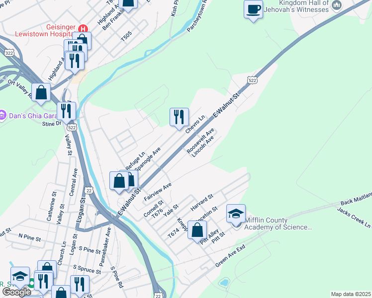 map of restaurants, bars, coffee shops, grocery stores, and more near 701 Roosevelt Avenue in Lewistown