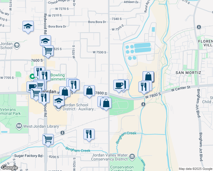 map of restaurants, bars, coffee shops, grocery stores, and more near 1313 Georges Circle in West Jordan