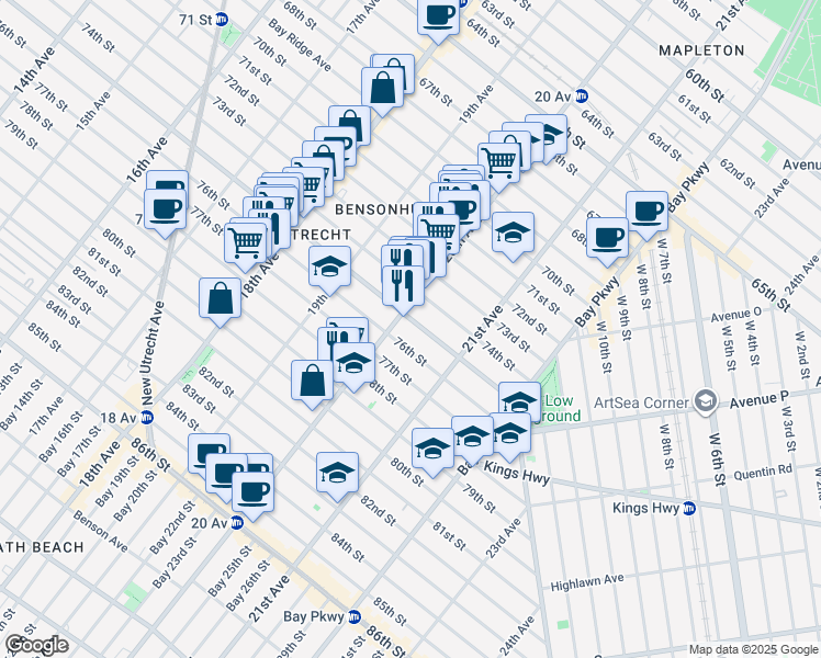 map of restaurants, bars, coffee shops, grocery stores, and more near 2018 Bay Ridge Parkway in Brooklyn