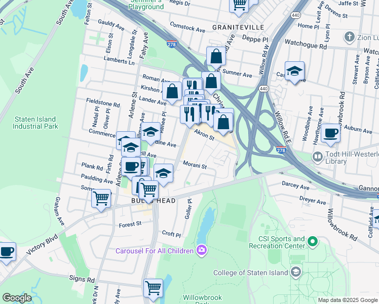 map of restaurants, bars, coffee shops, grocery stores, and more near 1535 Richmond Avenue in Staten Island