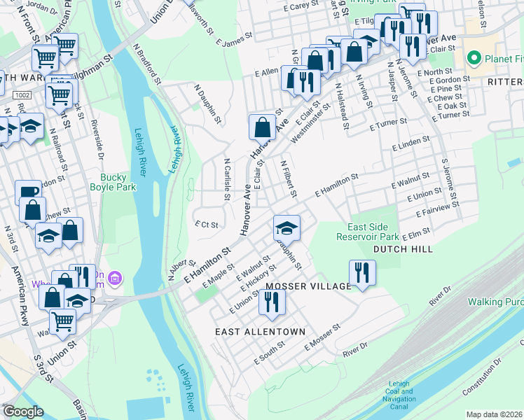 map of restaurants, bars, coffee shops, grocery stores, and more near 422 East Court Street in Allentown