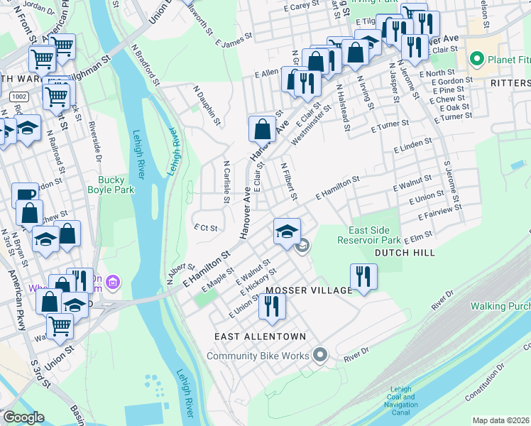 map of restaurants, bars, coffee shops, grocery stores, and more near 32 North Ellsworth Street in Allentown