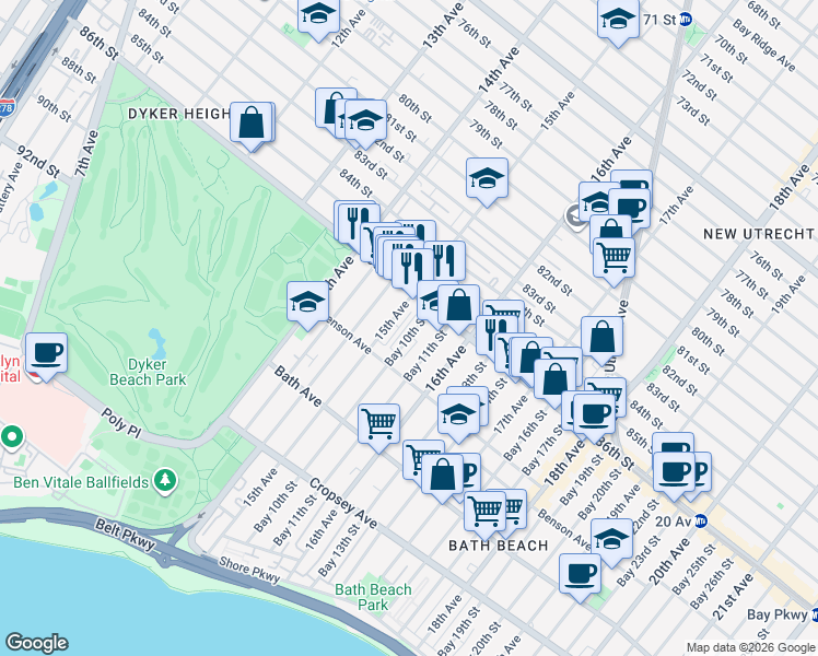 map of restaurants, bars, coffee shops, grocery stores, and more near 8622 15th Avenue in Brooklyn