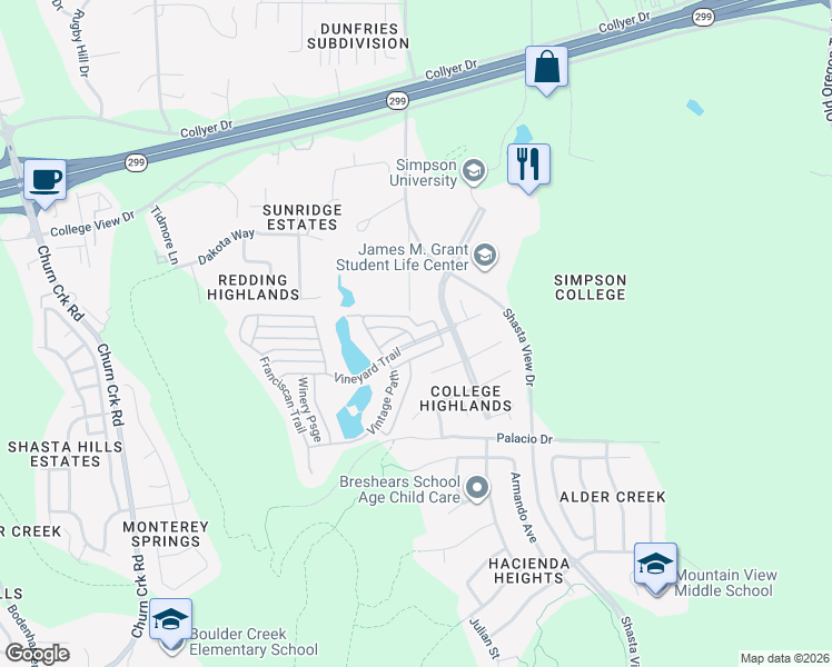 map of restaurants, bars, coffee shops, grocery stores, and more near 2080 Vineyard Trail in Redding