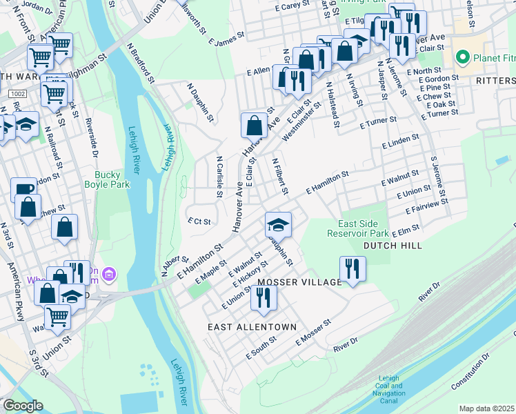 map of restaurants, bars, coffee shops, grocery stores, and more near 430 East Court Street in Allentown