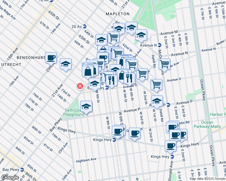 map of restaurants, bars, coffee shops, grocery stores, and more near 1407 West 6th Street in Brooklyn