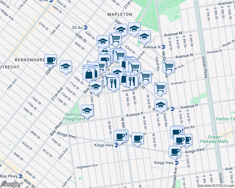 map of restaurants, bars, coffee shops, grocery stores, and more near 1407 West 6th Street in Brooklyn